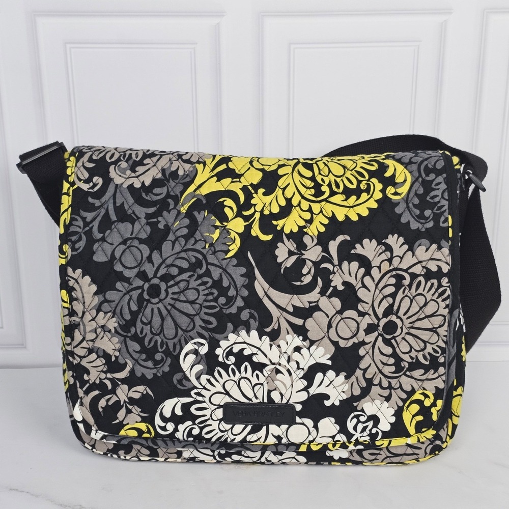 Vera Bradley Messenger Bag Provencal Yellow Black Floral Quilted Large Vintage
